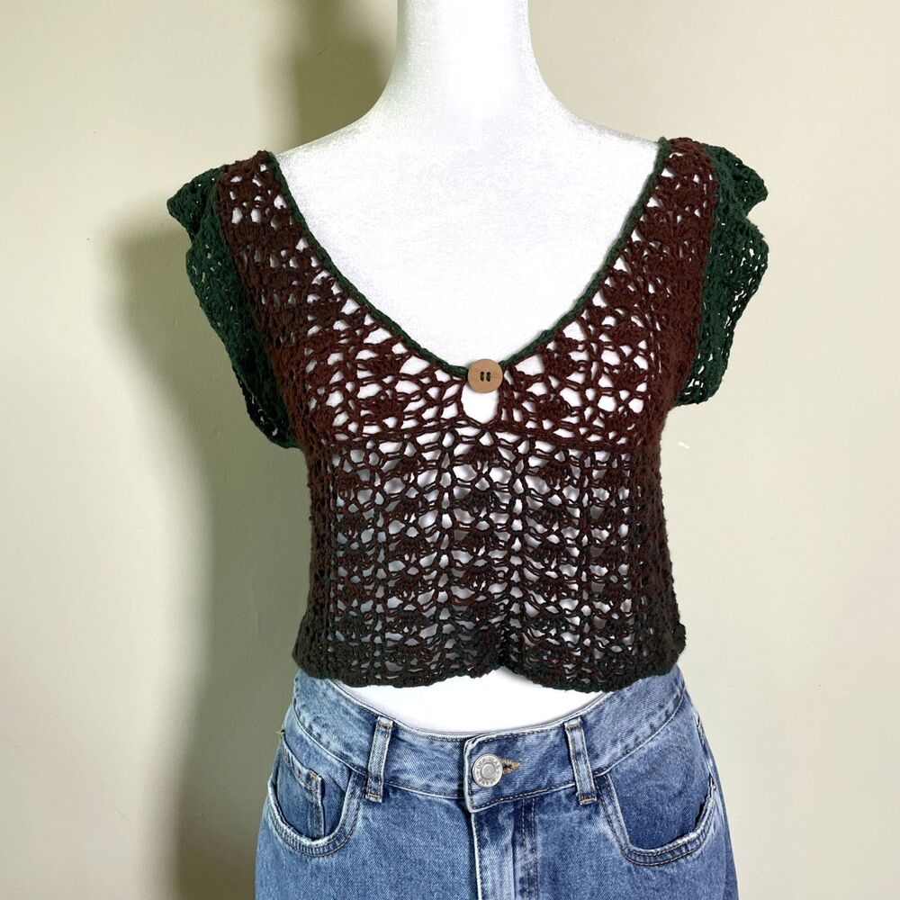 Women’s Brown Grenn Handcrafted Open-Stitch Crochet Crop Top Size Small Boho